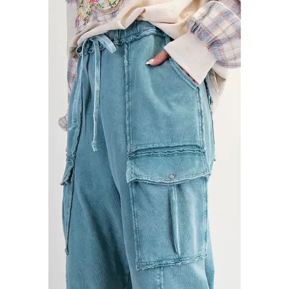 "Durango" French Terry Cargo Wide Leg Pants in Teal Blue - Picture 3 of 5